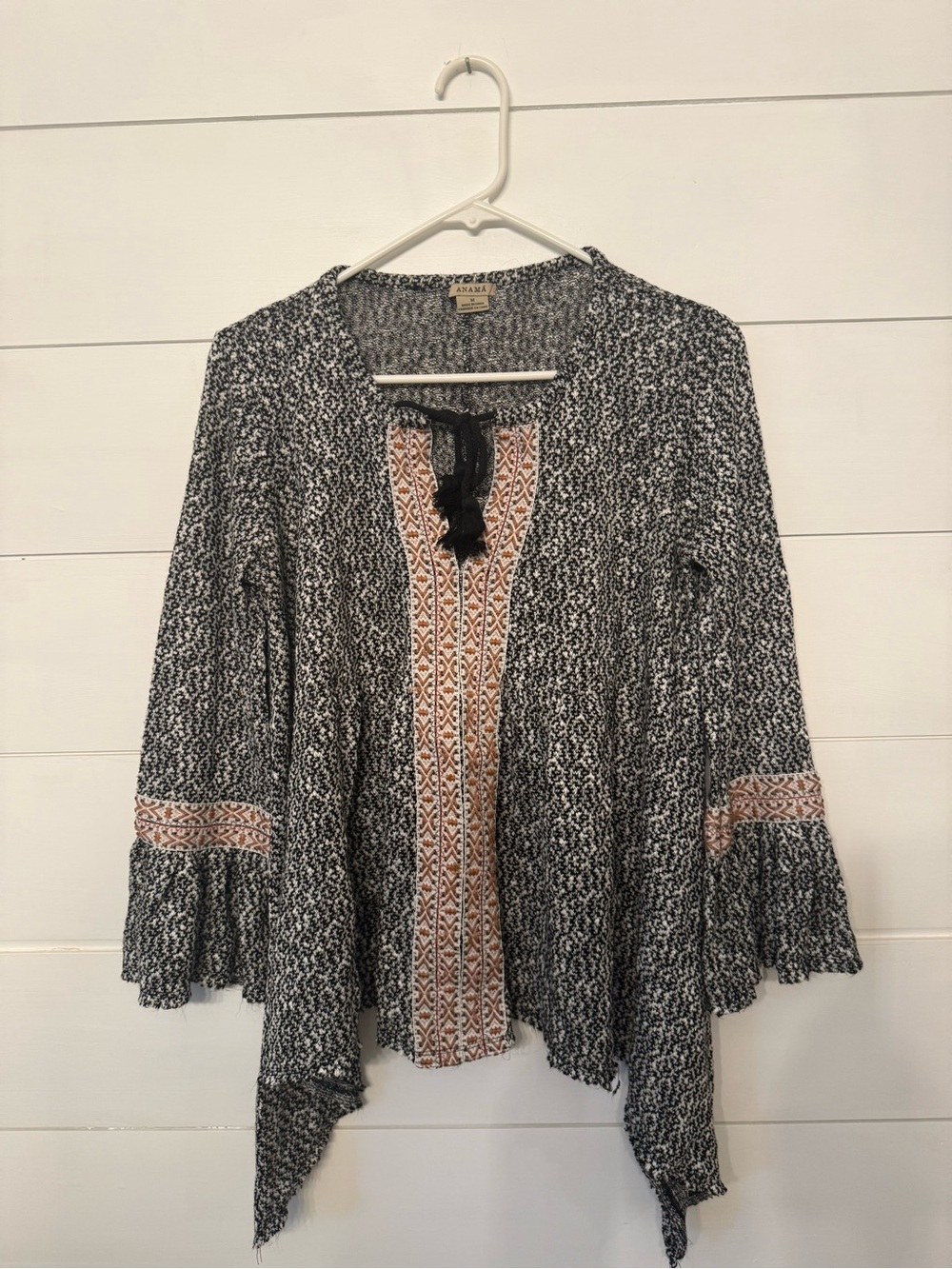 Anama Black and Cream Patterned Open Front Blouse with Rust Trim
